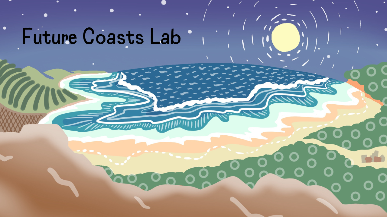 An animated picture of a future vision of the coast showing a healthy blue ocean surrounded by coastal land that is shared between people and nature