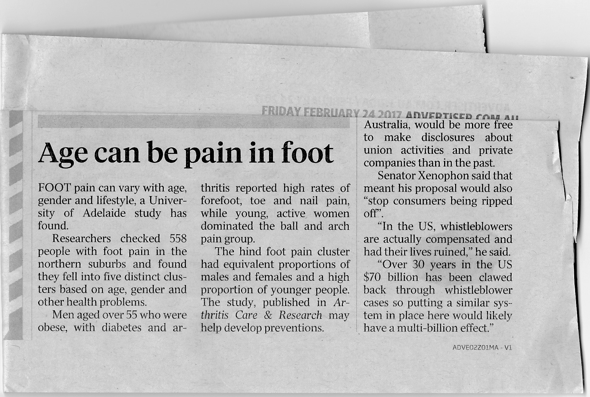 Advertiser article relating to work on foot pain in the population