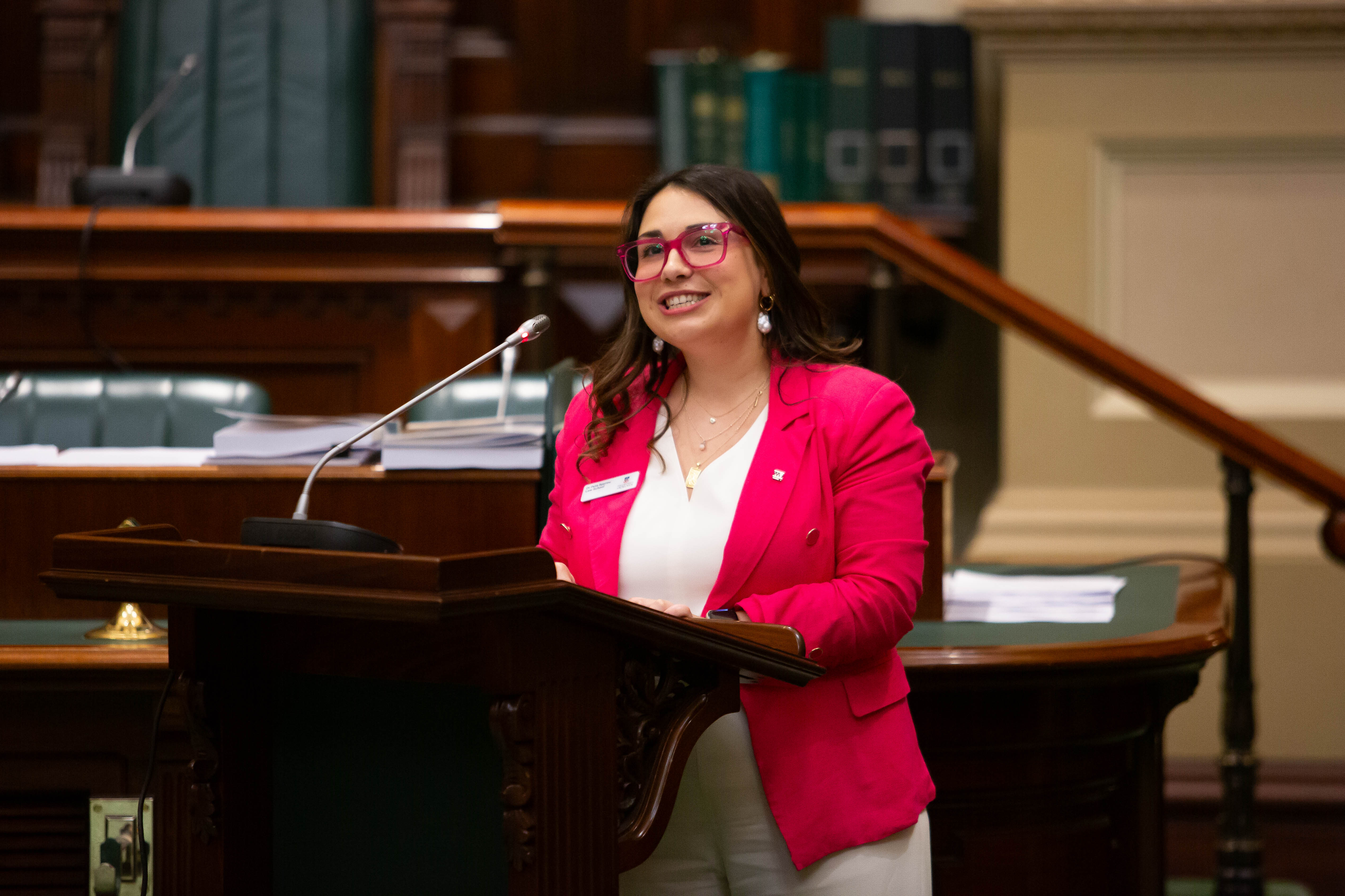 Peta on the floor of the House of Assembly, Parliament of South Australia delivering her remarks in her capacity as the Program Director of Pathways to Politics for Women