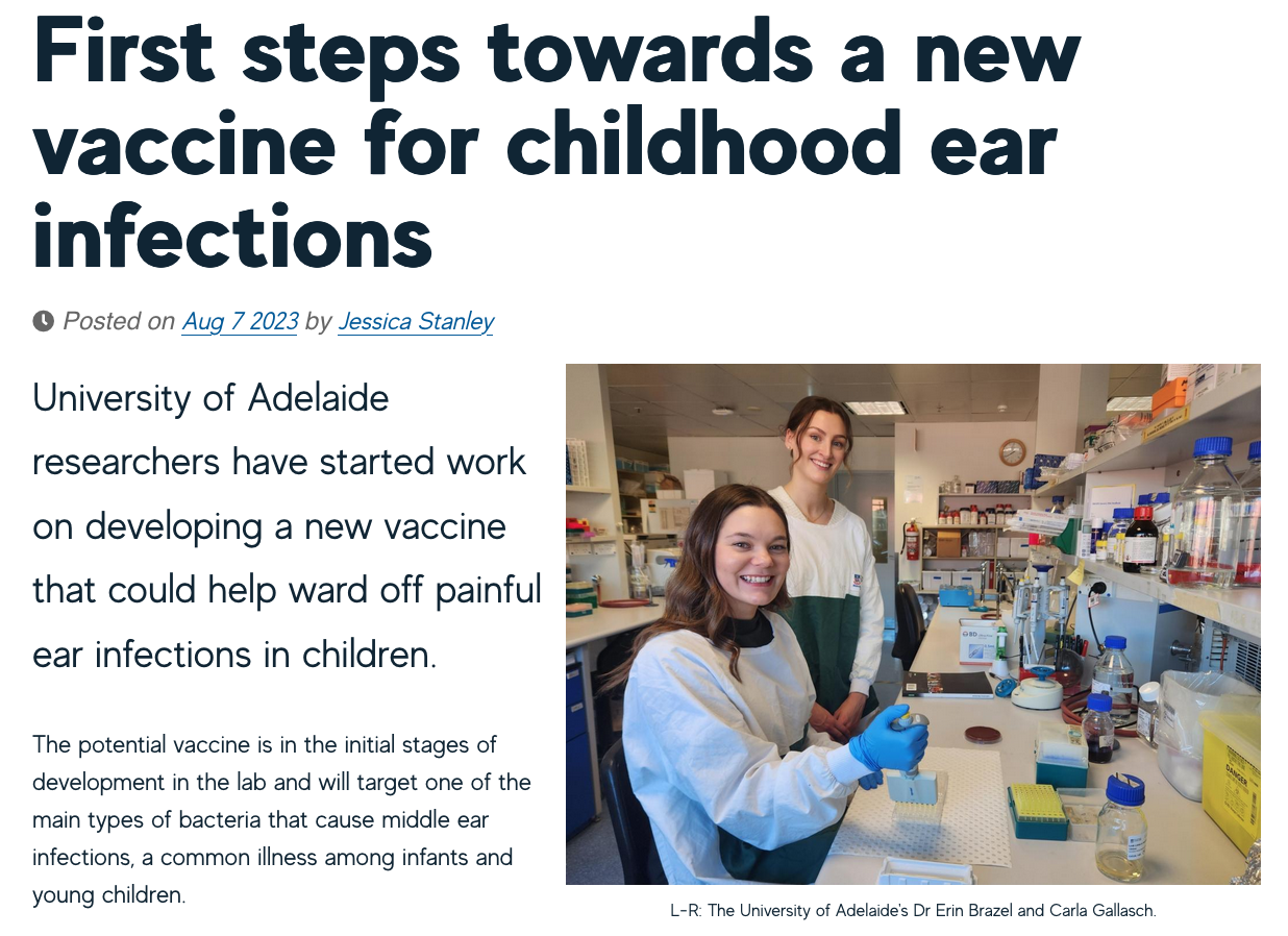 First steps towards a new vaccine for childhood ear infections image of Dr Erin Brazel and Carla Gallasch